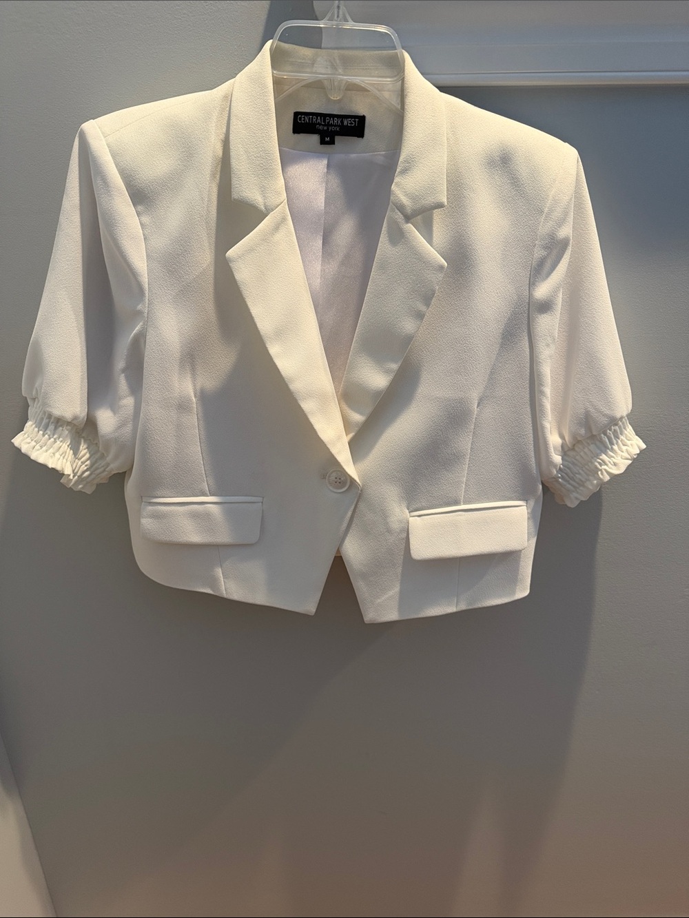 Central Park West Ivory Cropped Notch-Lapel Blazer with Ruched Sleeves